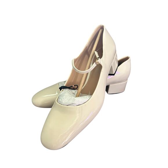 NWT Zara Women's 9 Cream Color Chunky Heel Mary Jane Round Toe Patent Leather - Picture 1 of 6